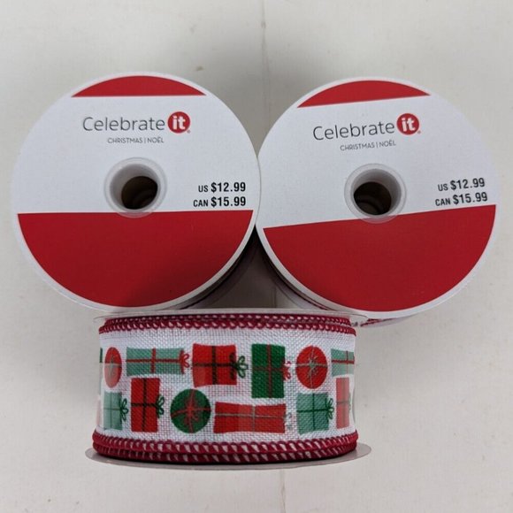 Christmas Presents Gifts Wired Holiday Ribbon 1 1/2 In 30 Ft Celebrate Lot of 3 - Picture 1 of 4